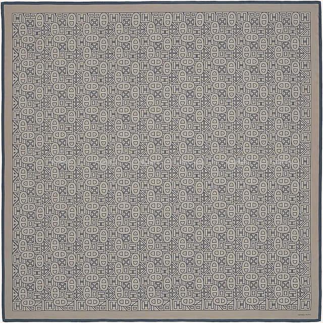 HERMES エルメス ショール カレH 140 "TINOS" トープ/白/マリン シルク100% 新品