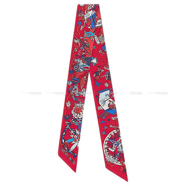 エルメス ツイリー スカーフ "ラ フォル パラード" ルージュXブルーX白(ホワイト) シルク100% 新品