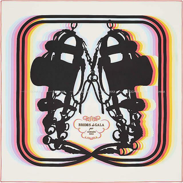 エルメス スカーフ カレ90 "ブリッド ドゥ ガラ シャドー" クリーム/黒/ローズフルオ シルク 新品