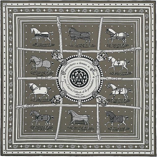 エルメス バンダナ カレ55 "馬着" グリストープX黒(ブラック)X白(ホワイト) シルク100% 新品未使用