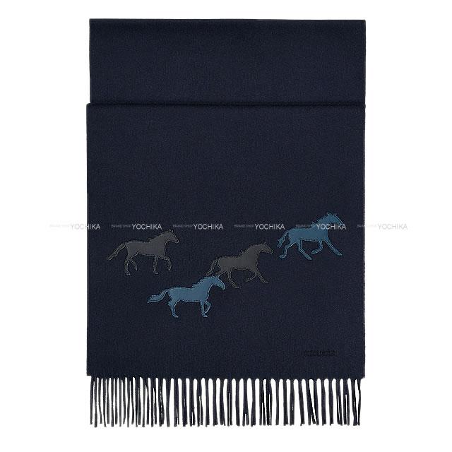 2019年 秋冬 HERMES エルメス メンズマフラー "ワイルドホース" レザーパッチ マリン/黒(ブラック)