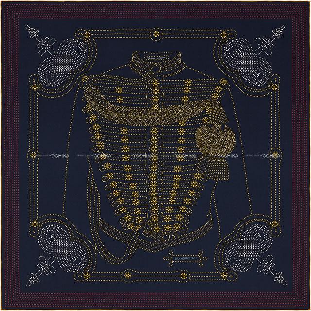 エルメス ショール カレ140 "ブランデンブルグ飾り ドット" ブルーノワール/ゴールド/ルージュ 新品