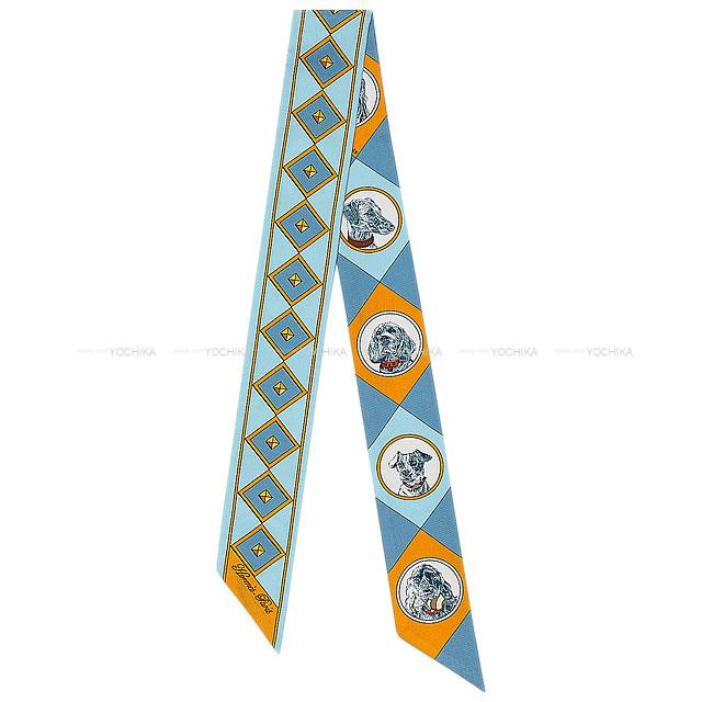 エルメス ツイリー スカーフ "Colliers et Chiens" シエル/オレンジ/グリスブルーエット