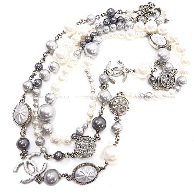 シャネル ラインストーン ココマーク バイカラー パール ロング ネックレス シルバー金具 A16S 新品未使用