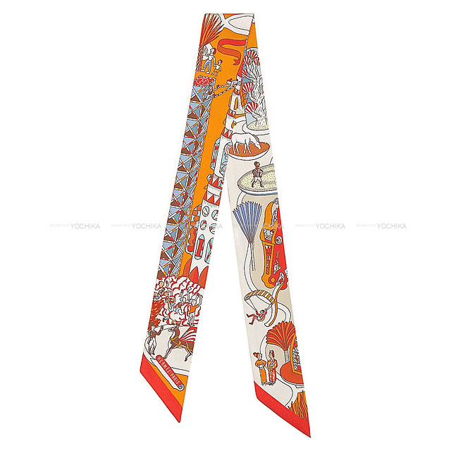 HERMES エルメス ツイリー スカーフ "万国博覧会" オレンジ/シエル/ブリック シルク100% 新品
