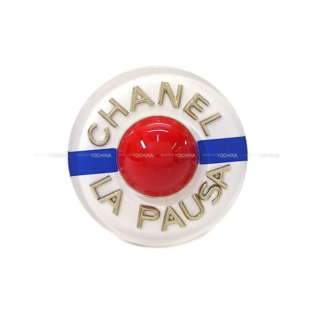 CHANEL シャネル LA PAUSA ラウンド型 ロゴ ブローチ 白/ブ