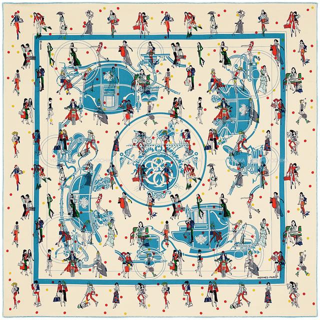 HERMES エルメス スカーフ カレ 70 "エクスリブリス パリジェンヌ" クリーム/ブルー/ジョーヌ 新品未使用