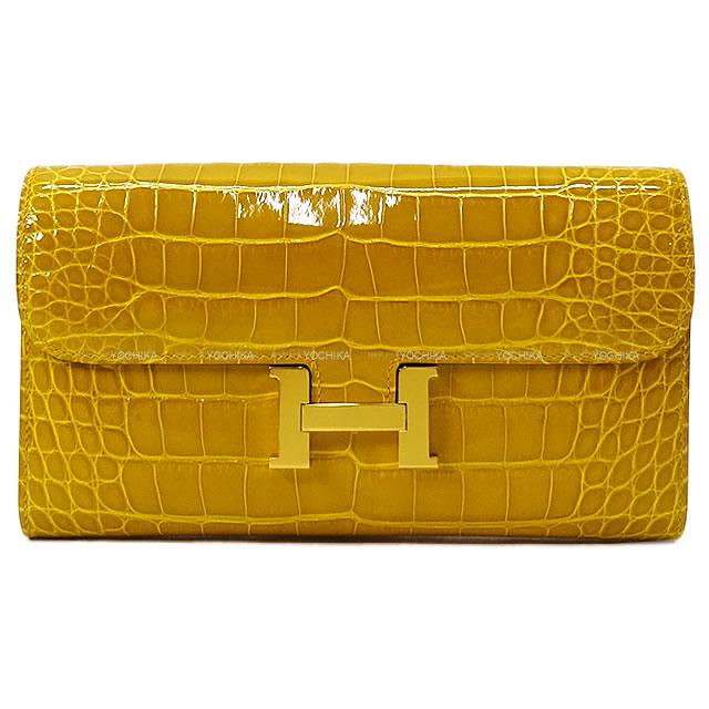 HERMES エルメス 長財布 コンスタンス ロング ジョーヌアンブル クロコダイル アリゲーターシャイニー ゴールド金具 新品