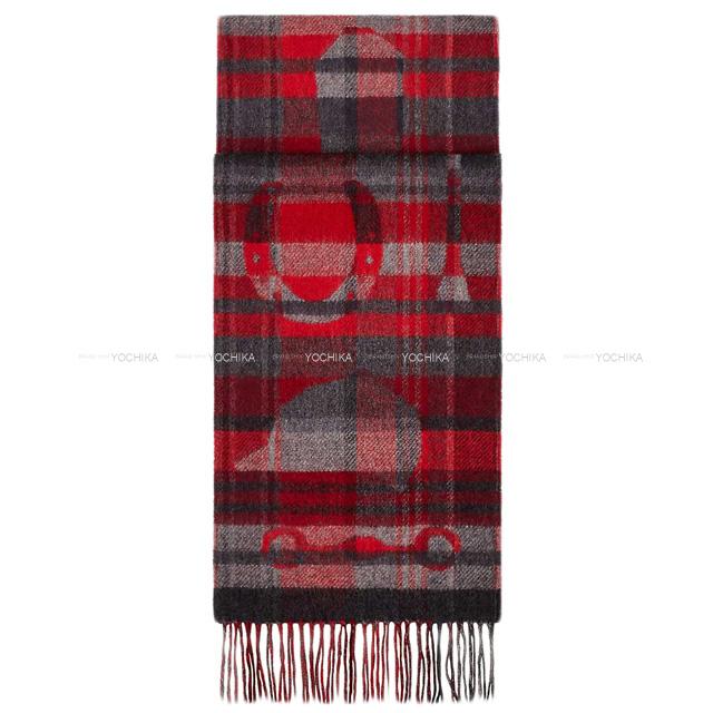 エルメス メンズ マフラー タータンチェック "HER-MES" ルージュヴィフXボルドー 新品