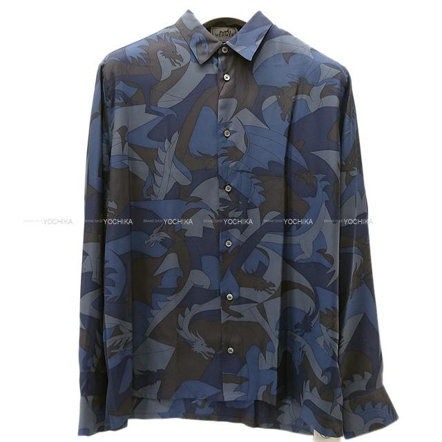 2019年限定 エルメス メンズ 総柄 ドレス シャツ "ドラゴン" #43 ネイビー シルク100% シルバー金具 新品未使用
