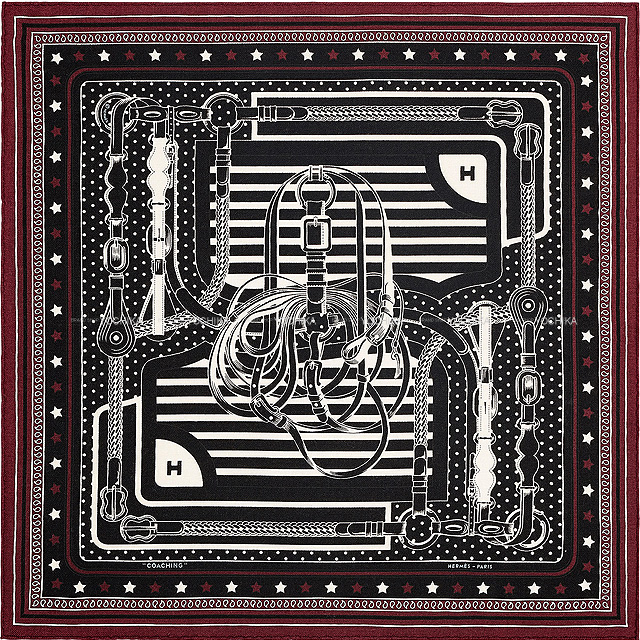 HERMES エルメス バンダナ カレ55 "ディスコ コーチング" 黒(ブラック)XクエッチX白(ホワイト) カシミヤXシルク 新品未使用