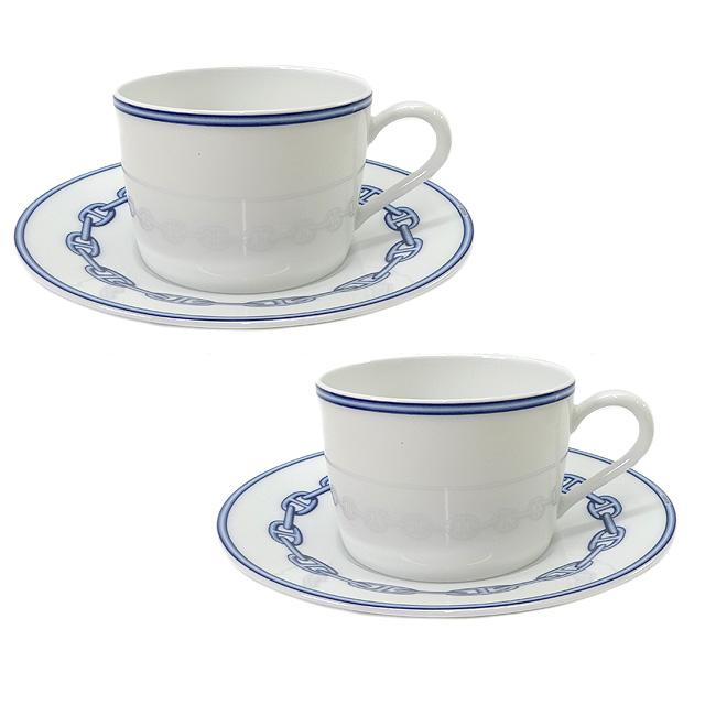 HERMES エルメス モーニング カップ＆ソーサー 2客セット "シェーヌダンクル" 白/ブルー 陶器 新品未使用