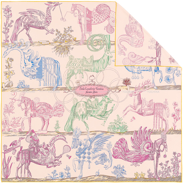 HERMES エルメス スカーフ カレ90 ダブルフェイス "デッラ・カヴァッレリア・ファヴォローサ" ローズテ