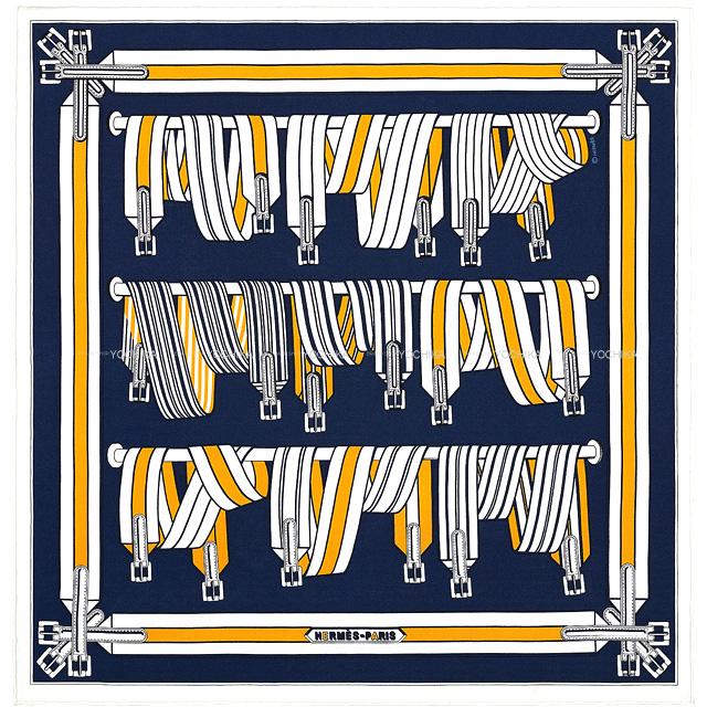 エルメス カレ45 ガヴロッシュ スカーフ "LES SANGLES FINESSE" マリンX白Xジョーヌ 新品