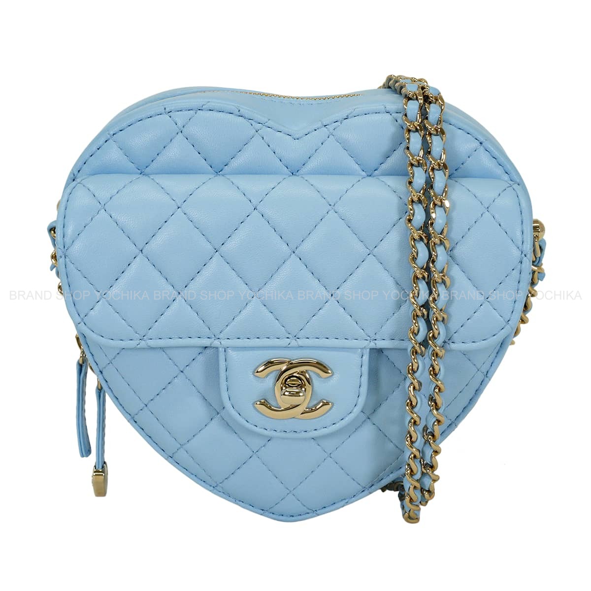 CHANEL シャネル ショルダーバッグ ハートシェイプ マトラッセ ラージ チェーン ライトブルー ラムスキン シャンパンゴールド金具 AS5764 準新品