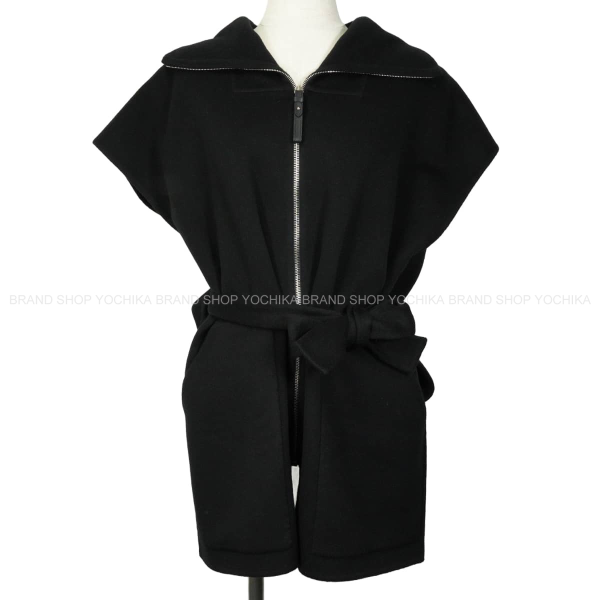 HERMES エルメス ベスト ジレ 襟付き ベルト ジップアップ 黒 (ブラック) カシミヤ #34 シルバー金具 2H0132DA 準新品