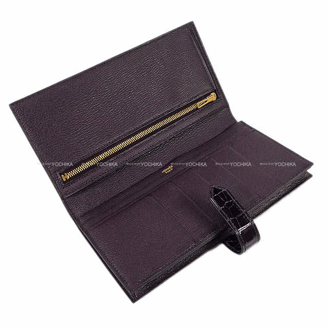 エルメス HERMES 長財布 ベアンスフレ アリゲーター オーベルジーヌ シルバー金具 紫 二つ折り財布 シャイン D刻印 【箱】【中古】 HERMES（エルメス） 豪華 アリゲーター シャイン メンズ 長財布