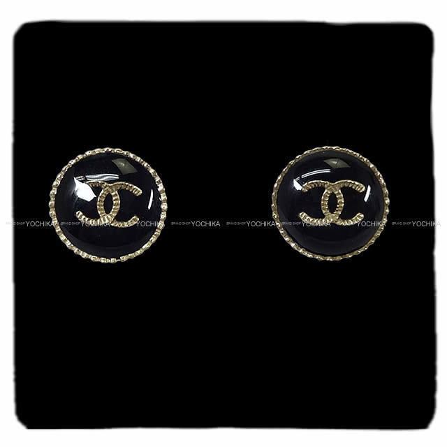CHANEL シャネル ラウンド ココマーク ボタン ピアス 黒Xゴールド  