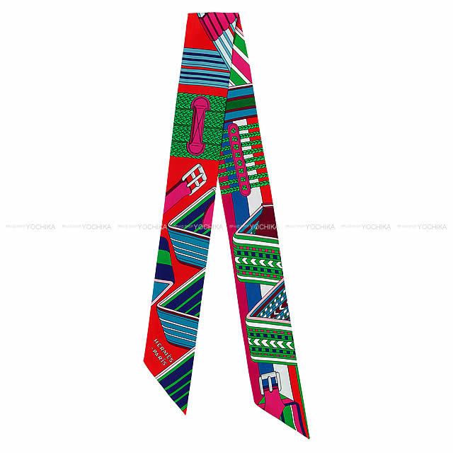 HERMES エルメス ツイリー スカーフ "SANGLES EN ZIGZAG" ルージュ/ヴェール シルク100% 新品未使用