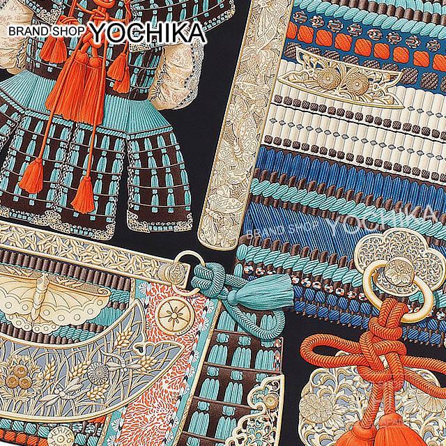 2017年春夏新作 HERMES エルメス スカーフ カレ90 "侍の鎧兜" エベンヌXブルーXオレンジ シルク100% 新品