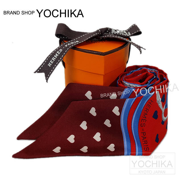 HERMES エルメス ツイリー スカーフ "ブリッド・ドゥ・ガラ・ラヴ" ハート柄 ルージュ×ブルー×ボルドー シルク100% 新品