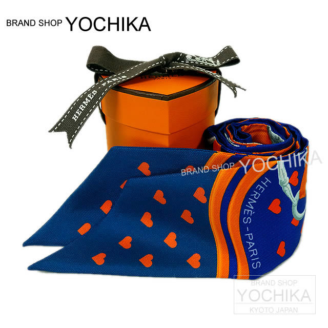 HERMES エルメス ツイリー スカーフ "ブリッド・ドゥ・ガラ・ラヴ" ハート柄 ウルトラバイオレット×オレンジ×マリン シルク100% 新品