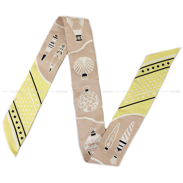 HERMES エルメス ツイリー スカーフ "Les Flacons Bandana" ジョーヌスフレ×ベージュローズ×白 シルク100% 新品