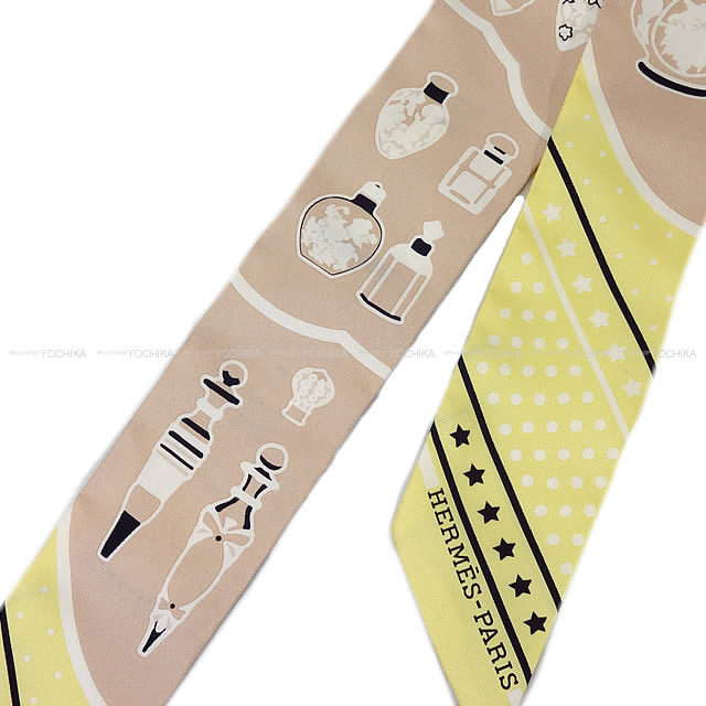 HERMES エルメス ツイリー スカーフ "Les Flacons Bandana" ジョーヌスフレ×ベージュローズ×白 シルク100% 新品