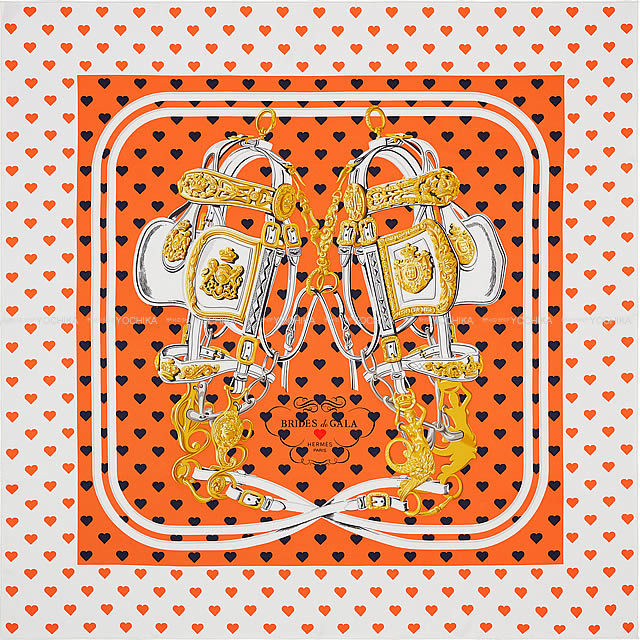 HERMES エルメス スカーフ カレ90 "ブリッド・ドゥ・ガラ・ラヴ" オレンジ×マリン×白 シルク100% 新品