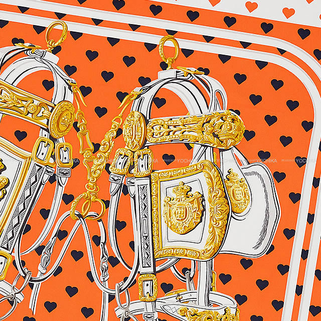 HERMES エルメス スカーフ カレ90 "ブリッド・ドゥ・ガラ・ラヴ" オレンジ×マリン×白 シルク100% 新品