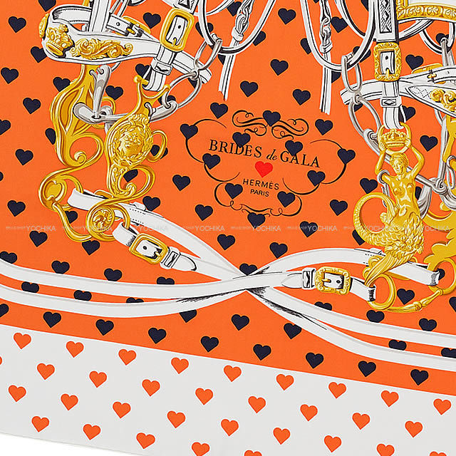 HERMES エルメス スカーフ カレ90 "ブリッド・ドゥ・ガラ・ラヴ" オレンジ×マリン×白 シルク100% 新品