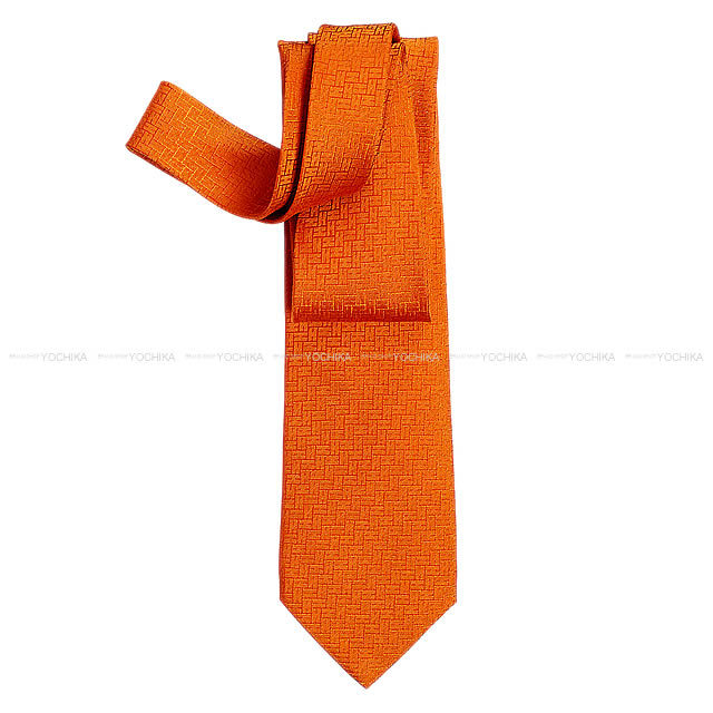 HERMES エルメス ネクタイ "FACONNEE H 24" オレンジ シルク100% 新品