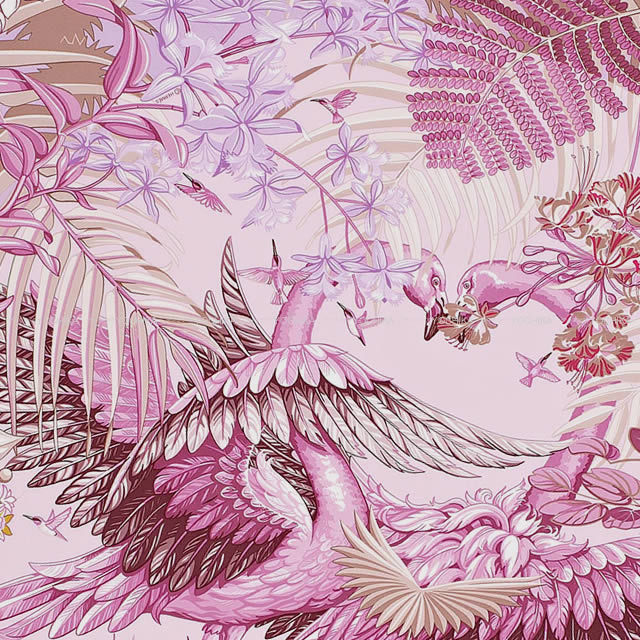 HERMES エルメス スカーフ カレ90 "フラミンゴパーティー" パルムXリラXベージュローズ シルク100% 新品未使用