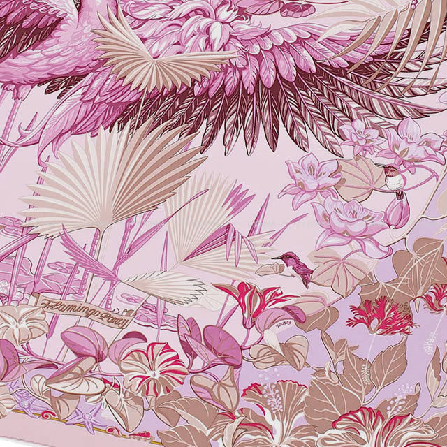 HERMES エルメス スカーフ カレ90 "フラミンゴパーティー" パルムXリラXベージュローズ シルク100% 新品未使用