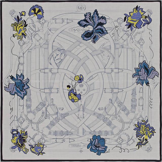 HERMES エルメス ショール カレ140 "カヴァルカドゥール・フリル" グリシンXジョーヌXマリン 新品