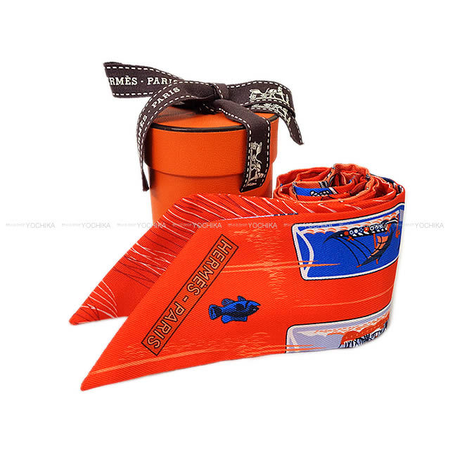 HERMES エルメス ツイリー スカーフ "Caleche Mors et Bouteilles" バーミリオンXコライユXブルー シルク100% 新品