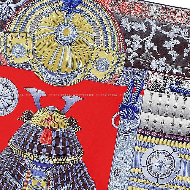 HERMES エルメス スカーフ カレ90 "侍の鎧兜" ルージュXブルーXムタード シルク100% 新品
