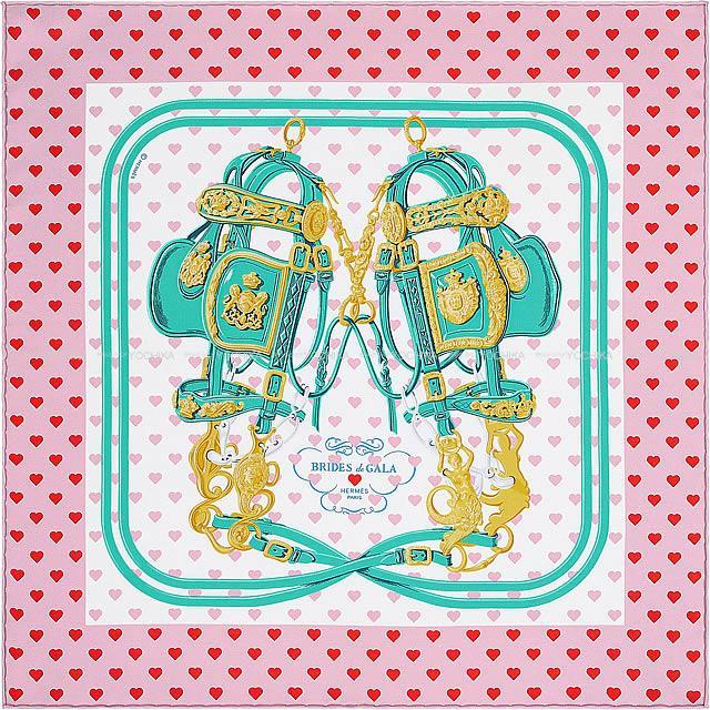 希少　エルメス　ガヴロッシュ　ブリッドドゥガララブ　ハート柄　ピンク □エルメス□ スカーフ ツイリー ハート 「Brides de gala LOVE