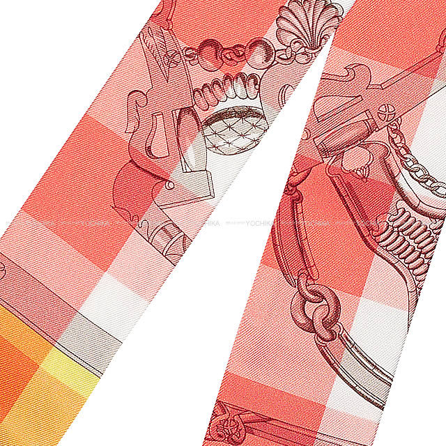 HERMES エルメス ツイリー スカーフ "Mors et Gourmettes Vichy" サーモンXシトロンX白 シルク100% 新品