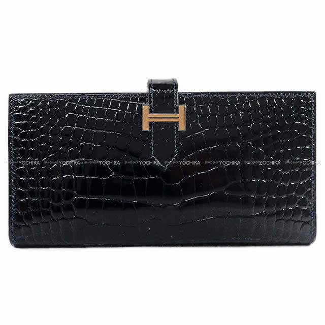 HERMES エルメス 長財布 ベアンスフレ ブルーマリン クロコダイル アリゲーター シャイニー ローズゴールド金具 新品