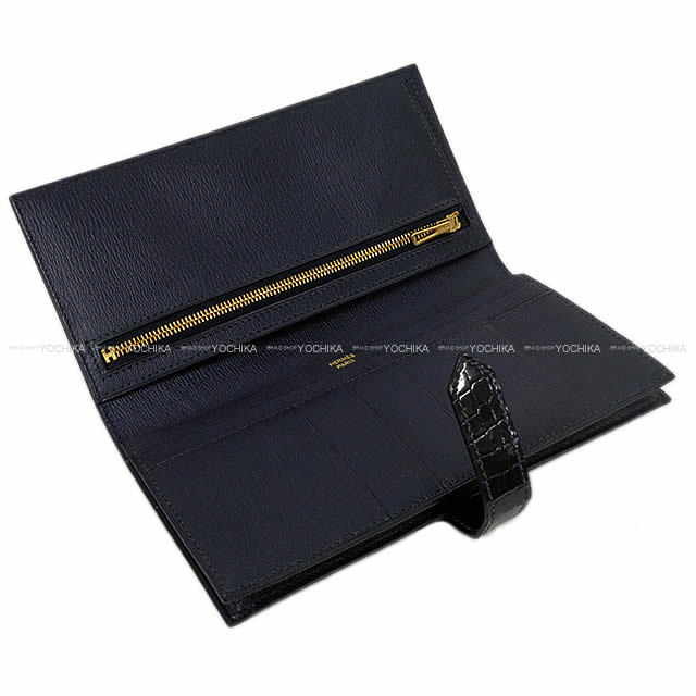 HERMES エルメス 長財布 ベアンスフレ ブルーマリン クロコダイル アリゲーター シャイニー ローズゴールド金具 新品