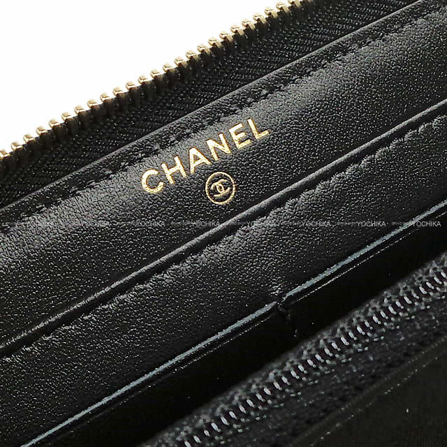 CHANEL シャネル カメリア ココマーク No.5 ステッチ ラウンドファスナー 長財布 黒(ブラック) ラムスキン