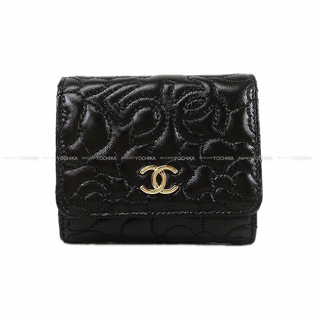 CHANEL シャネル カメリア ココマーク No.5 ステッチ コンパクト 三つ折り 財布 黒