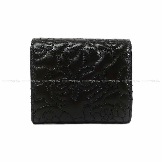 CHANEL シャネル カメリア ココマーク No.5 ステッチ コンパクト 三つ折り 財布 黒