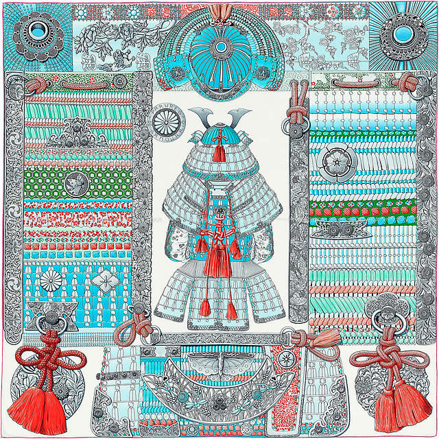 HERMES エルメス ショール カレ140 "侍の鎧兜" 白(ホワイト)Xターコイズ