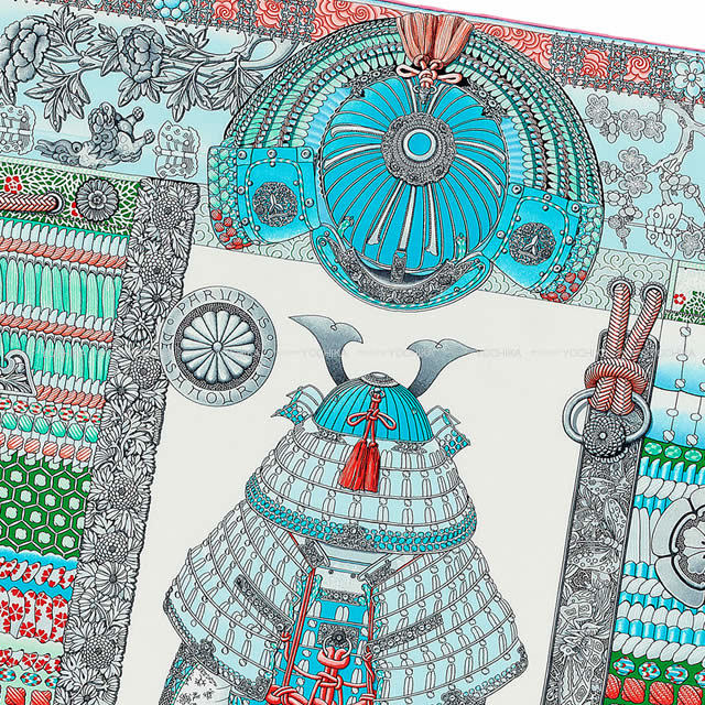 HERMES エルメス ショール カレ140 "侍の鎧兜" 白(ホワイト)Xターコイズ