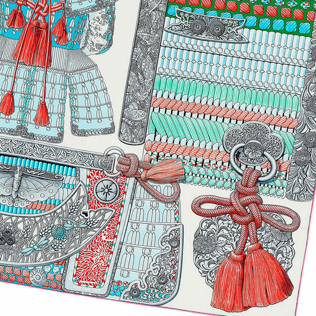 HERMES エルメス ショール カレ140 "侍の鎧兜" 白(ホワイト)Xターコイズ