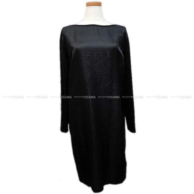 Hermes エルメス レディース ツイルレーヌ ラウンドネック 切り替え ひざ丈 長袖 ワンピース ジャガード バンダナ エプロンドール 42 黒 ブラック シルク100 新品未使用