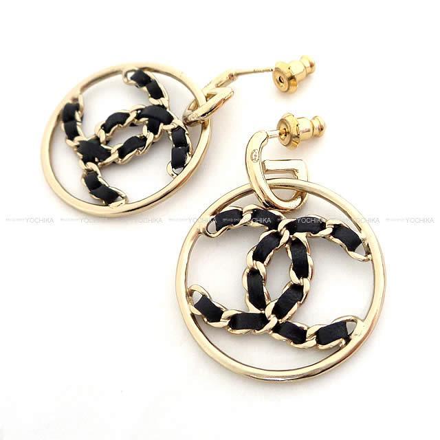 シャネル サークル ビッグ ココマーク ぶらさがり ループ ピアス 黒/ゴールド AB0564 新品