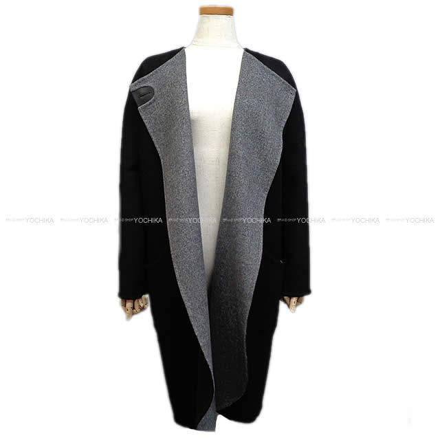 HERMES エルメス レディース  セリエボタン ノーカラー コート 黒/グレー #36 カシミア 新品